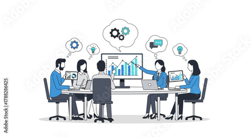 Diverse team of professionals collaborating around a table analyzing charts and graphs on a computer screen and tablets brainstorming ideas