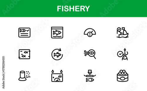 Fishery Outline Icon Set. Minimal and Professional icons for fishing, aquaculture, and seafood trade
