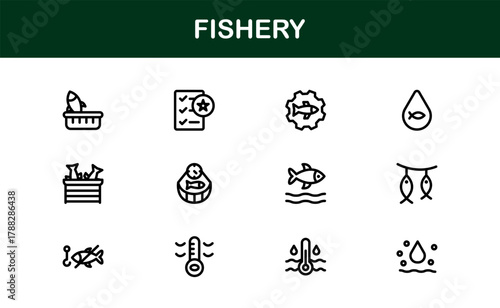 Fishery Flat Icon Set. Sleek and Creative icons for marine life, fishing, and aquaculture tools
