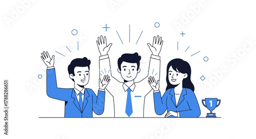 Diverse team celebrating success and achievement with a first place trophy and raised hands in a modern flat illustration style