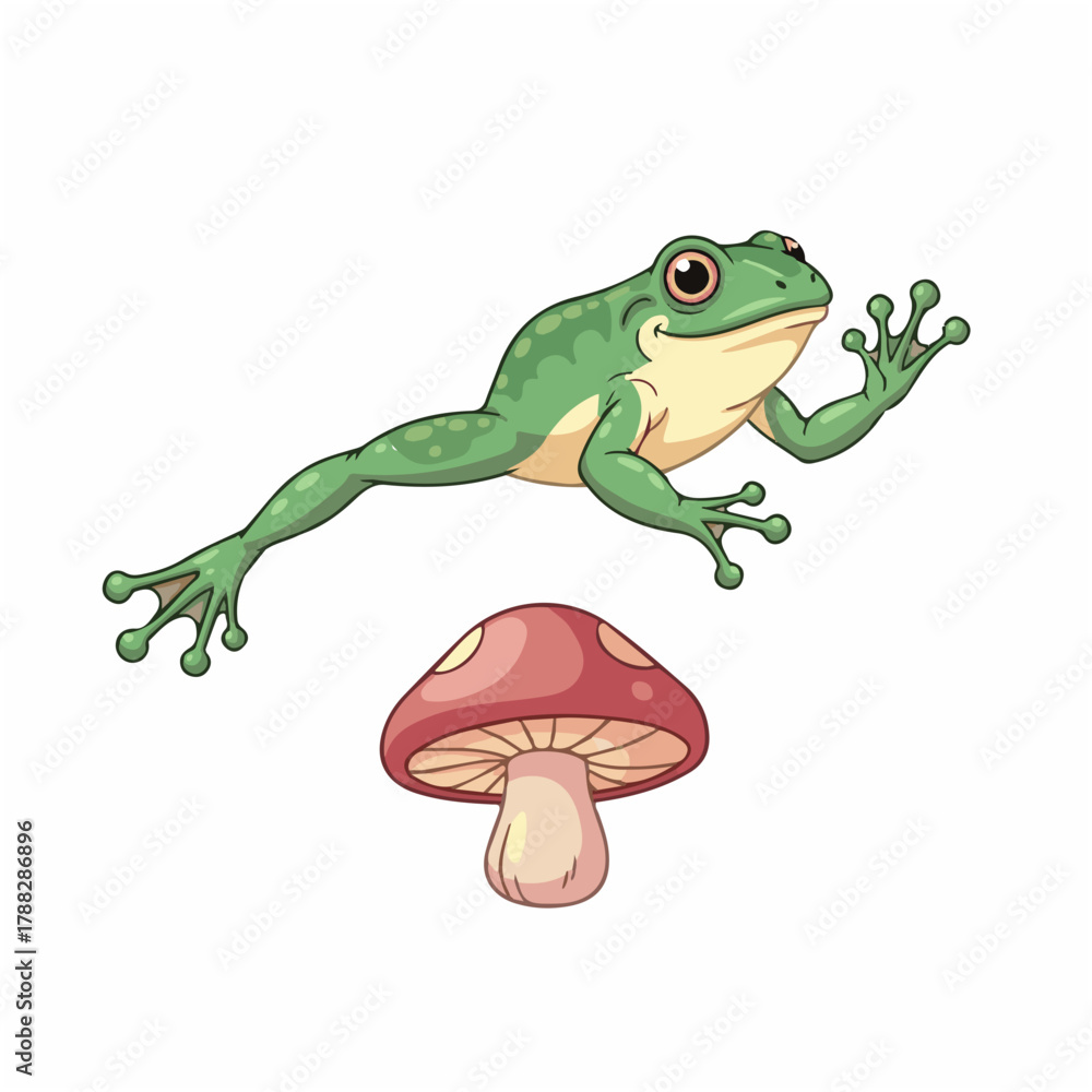 Fototapeta premium Frog Leaping Over Mushroom Mid Air