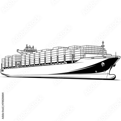 Massive container ship navigates open sea delivering global commerce and trade