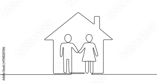 Happy family parents with child in house one line art style. Family drawing with editable black stroke on white background. Vector illustration.