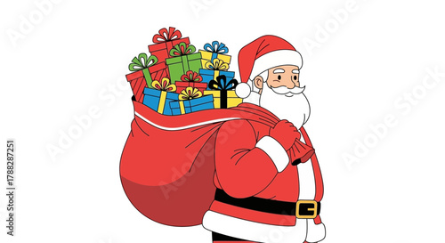 Cheerful cartoon santa claus carrying a large red sack overflowing with colorful christmas presents and gifts on a white background