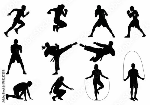 Dynamic sports and fitness silhouette icon set depicting various workout poses and activities for health and training themes.