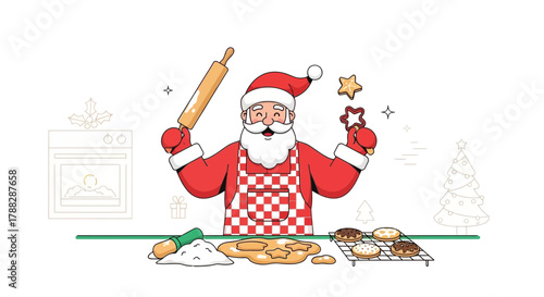 Santa claus happily baking christmas cookies with a rolling pin and cookie cutters in a festive kitchen scene
