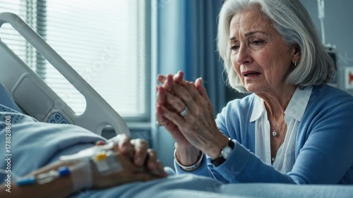 Elderly woman praying beside a hospital bed holding the hand of a sick loved one.