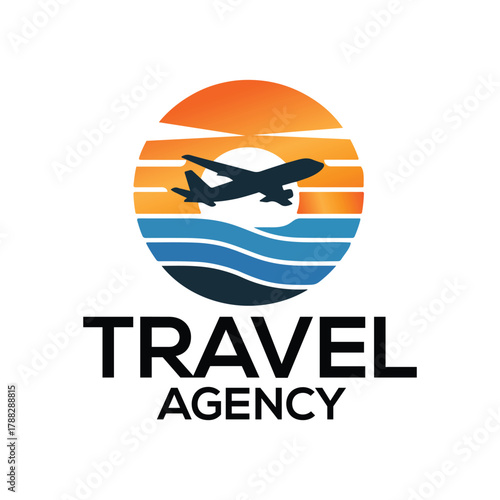 Airplane flying over ocean waves with sunset travel agency logo
