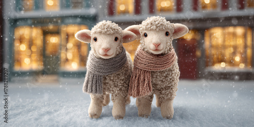 Two adorable lambs wearing scarves standing in the snow during winter, showcasing friendship and holiday spirit in a charming seasonal scene