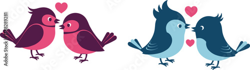 Cute romantic birds couple illustration, love birds cartoon, valentine day concept, colorful avian characters, pink and blue birds vector art