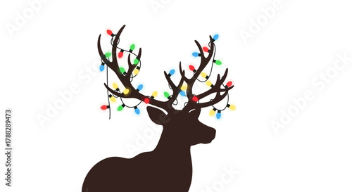 Silhouette of a reindeer with colorful christmas lights wrapped around its antlers on a white background