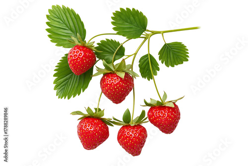 Natural Strawberry Branch Macro Isolated on Transparent Background
