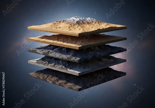 A conceptual visualization of planetary layers, showcasing different geological strata floating in space with stars