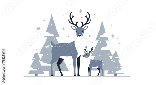 Stylized illustration of a reindeer family with antlers standing in a snowy forest with pine trees and snowflakes