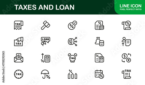 Taxes and Loan Outline Icon Set. Sleek and Clean icons for taxation, banking, and loan tracking
