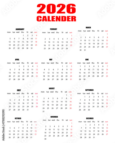 Year 2026 calendar showing all twelve months in one page