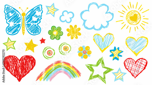 Whimsical hand-drawn doodles of butterflies, hearts, rainbows, suns, flowers, and stars create a playful and joyful atmosphere perfect for children's projects