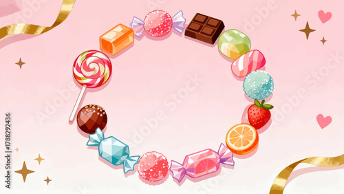 A collection of various candies, cartoon hand-drawn vector illustrations, lollipops, gummy candies, fruit candies, chocolate candies, and crystal candies