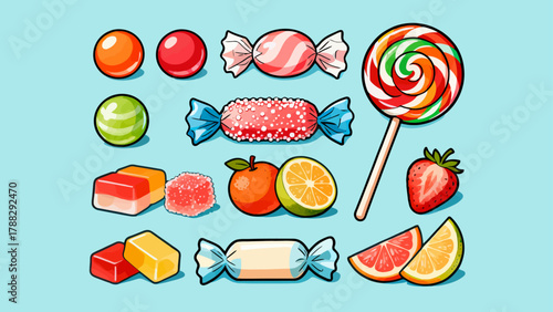 A collection of various candies, cartoon hand-drawn vector illustrations, lollipops, gummy candies, fruit candies, chocolate candies, and crystal candies
