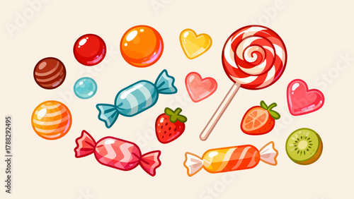 A collection of various candies, cartoon hand-drawn vector illustrations, lollipops, gummy candies, fruit candies, chocolate candies, and crystal candies