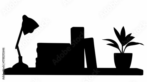 Silhouette of a desk lamp books and a potted plant sitting on a shelf against a white background view