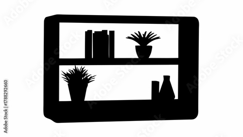 Silhouette of a two shelf bookcase with books plants and vases in a minimalist black and white style image