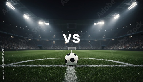 A stadium in spotlight on ground middle point text vs, night football stadium ground dark