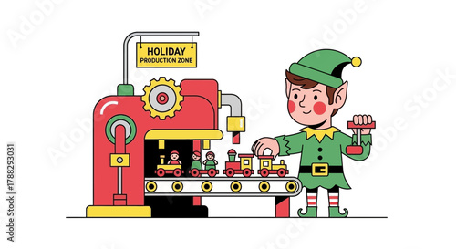 Cute cartoon elf working at a toy production line in a holiday factory assembling toy trains