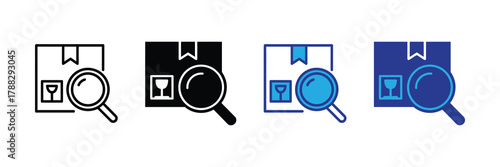 Magnifying glass over a shipping box icon, representing inspection, search, or quality control in logistics