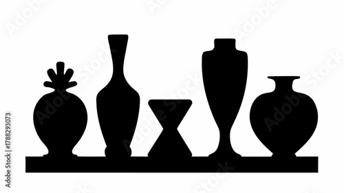 Silhouette of five vases and a hourglass on a shelf against a white background in a simple design style