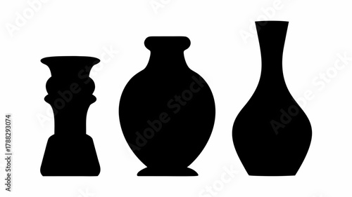 Three black silhouette vases of varying shapes and sizes arranged side by side on a white background