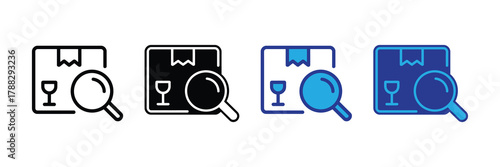 Set of four icons representing a package with a magnifying glass, indicating inspection or search