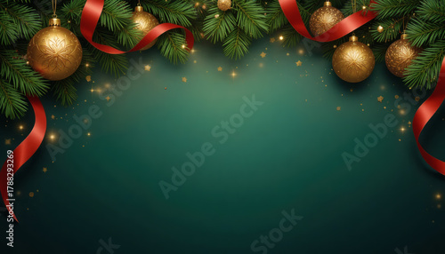 Christmas greeting card background with golden ornaments, green pine needles, and red ribbon