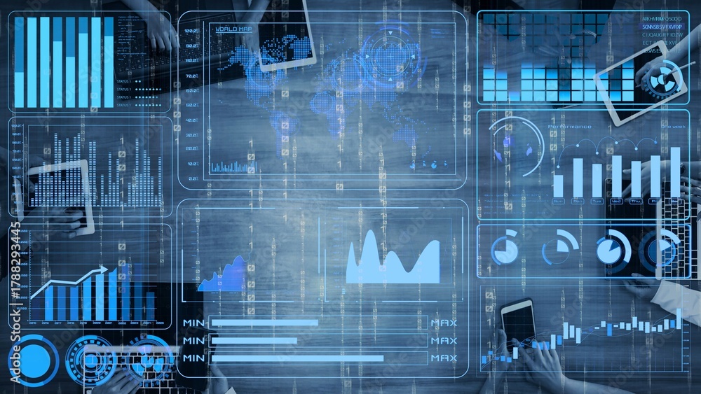 Naklejka premium Data analytics and big data strategy for real-time analytics, predictive data modeling, business intelligence analytics, and data-driven decision-making in modern digital businesses. Thunk