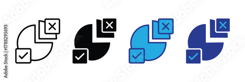Pie chart icon with checkmark and cross symbols representing data analysis, options, and decisions