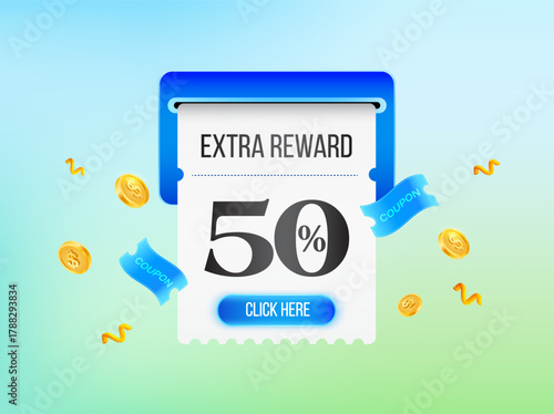 3d Extra Reward 50% off coupon is being printed from a slot, surrounded by floating golden coins and blue ribbons, representing promotional rewards or bonus offers. 3d vector illustration. Vector