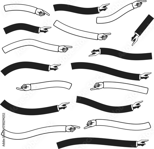 Pointing Hand Illustrations in Black and White Cartoon Style Graphic Pattern
