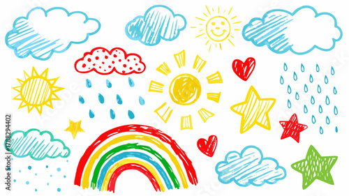 Cheerful sky elements with rainbow, sun, clouds, rain and stars, bringing joy to any design, perfect for kids projects and whimsical themes