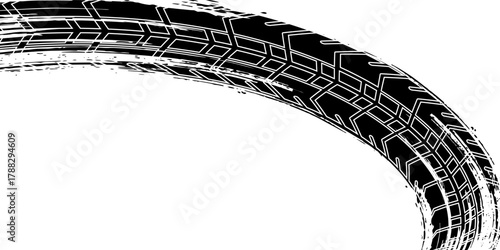 Distressed black tire track with rugged texture, perfect for automotive branding, adventure themes, and grunge-style designs.