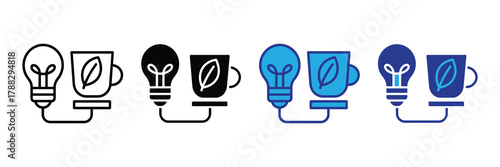 Set of icons representing ecofriendly energy and ideas, including a light bulb and a cup with a leaf symbol