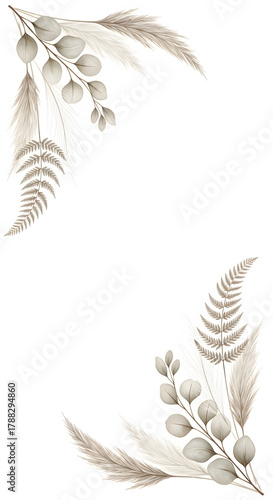 Elegant botanical illustration with eucalyptus, fern and pampas grass.