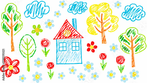 Adorable childlike drawing of a house, flowers, trees and clouds, perfect for children's books, educational materials, or cheerful designs
