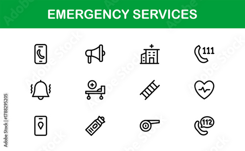 Emergency Services Stroke Icon Set. Modern and Sleek icons for ambulance, fire, and safety tools
