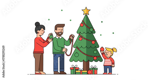 Happy family decorating a christmas tree together with ornaments and presents underneath during the holiday season