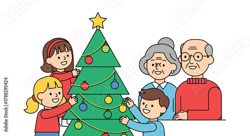 Happy diverse family decorating a christmas tree together with grandparents and children celebrating the holidays