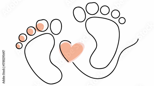 Adorable baby feet with heart in simple line art celebrates new beginnings and precious moments, ideal for nurseries, baby showers, or heartfelt announcements