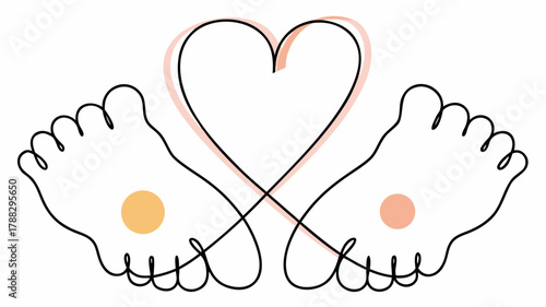 Adorable footprint heart artwork, a simple line drawing perfect for baby announcements or nursery decor, conveying love and family warmth in modern style