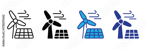 Set of icons representing renewable energy sources wind turbine and solar panel