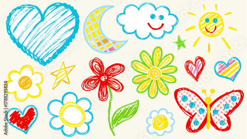 Cheerful whimsical crayon drawings evoke childhood joy and creativity, perfect for kids' designs and playful themes from an original scalable vector graphic