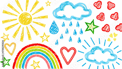 Whimsical hand-drawn weather icons including sun, clouds, rainbow, stars, hearts and raindrops for a children's design or colorful educational material